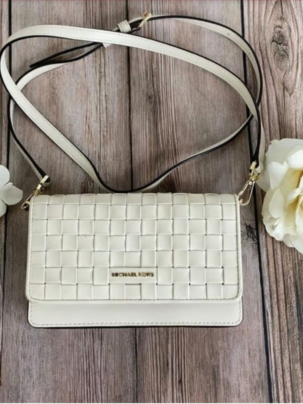 Michael Kors Woven Leather Crossbody Bag in Cream
